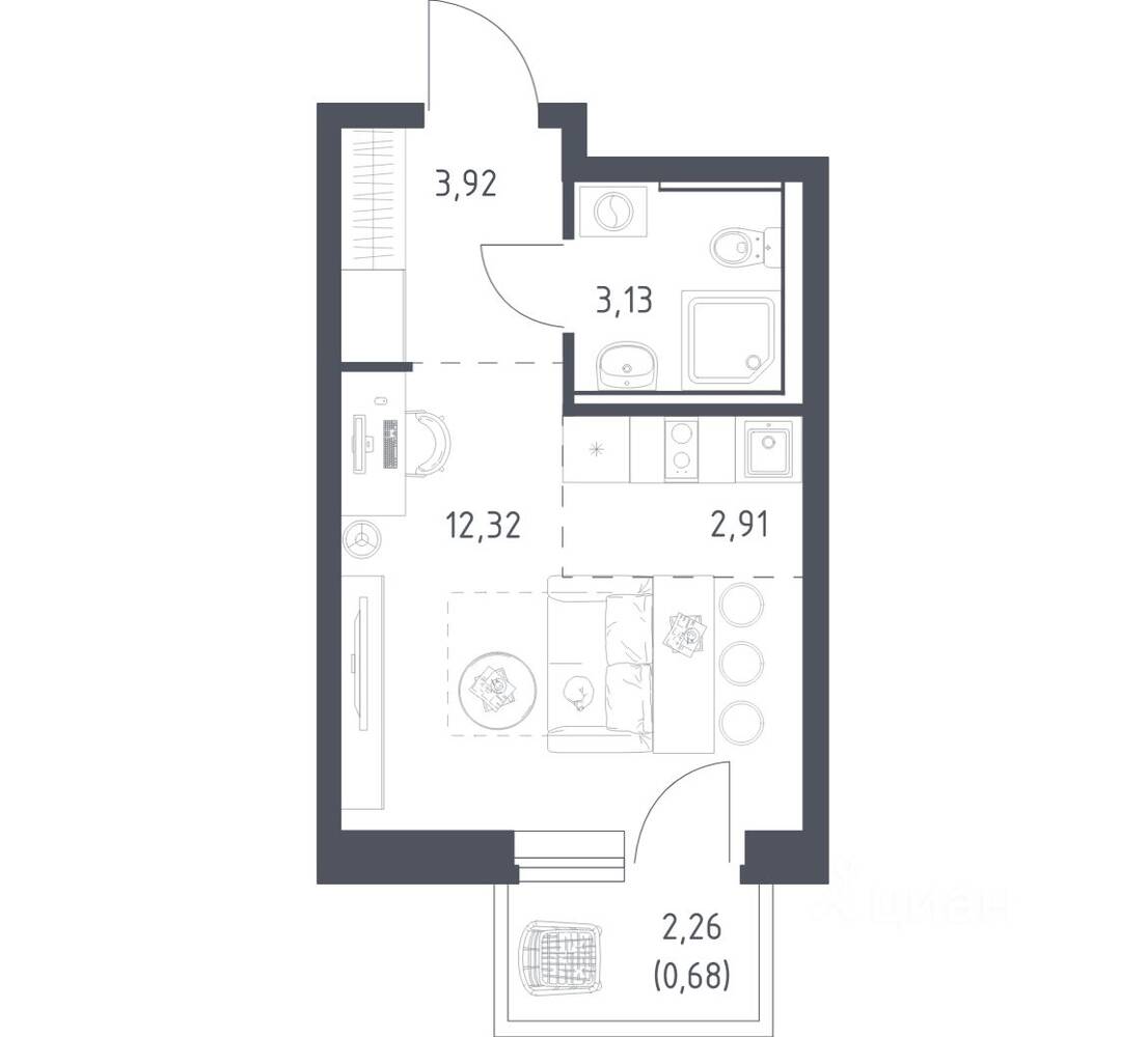 Планировка 1 комнатной квартиры, 22.96 м², в «Егорово Парк»