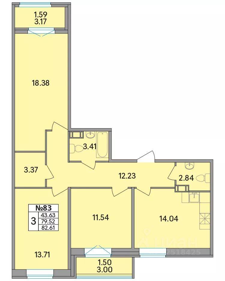 3-комн. квартира, 82,61 м², в ЖК Рождественский квартал