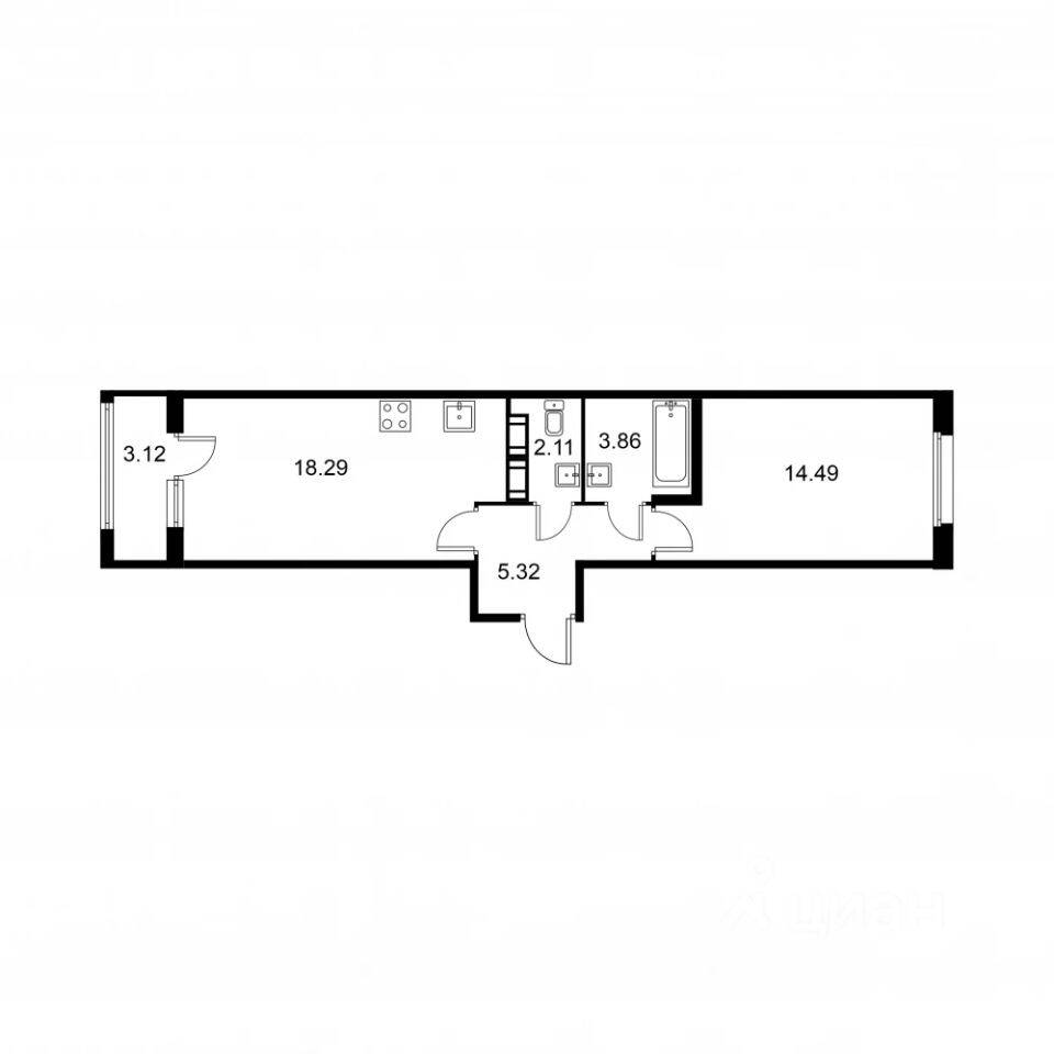 1-комн. квартира, 45,63 м², в ЖК Квартал Заречье
