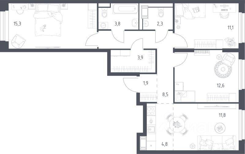 3-комн. квартира, 74,2 м², в ЖК Мытищи Парк