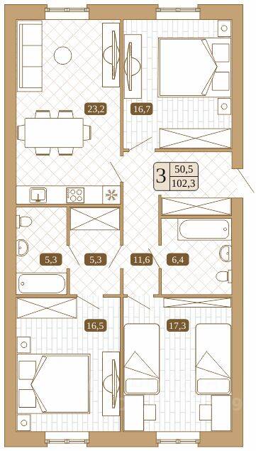 Планировка 3 комнатной квартиры, 102.3 м², в «Белый город (Сергиев Посад)»