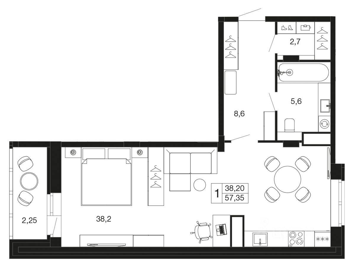 Квартира-студия, 57,5 м², в ЖК «Времена года»