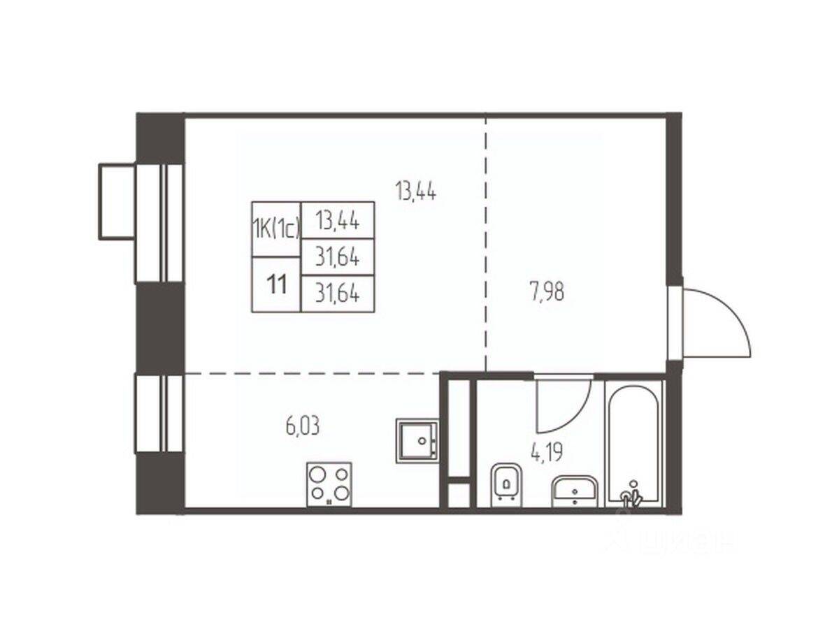 Планировка 1 комнатной квартиры, 31.6 м², в «Новая Ивантеевка»