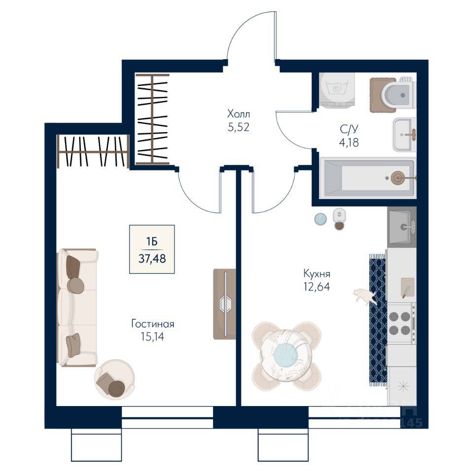 Планировка 1 комнатной квартиры, 37.48 м², в «Бархат»