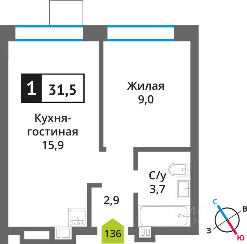 Планировка 1 комнатной квартиры, 31.5 м², в «Никольский квартал Отрада»