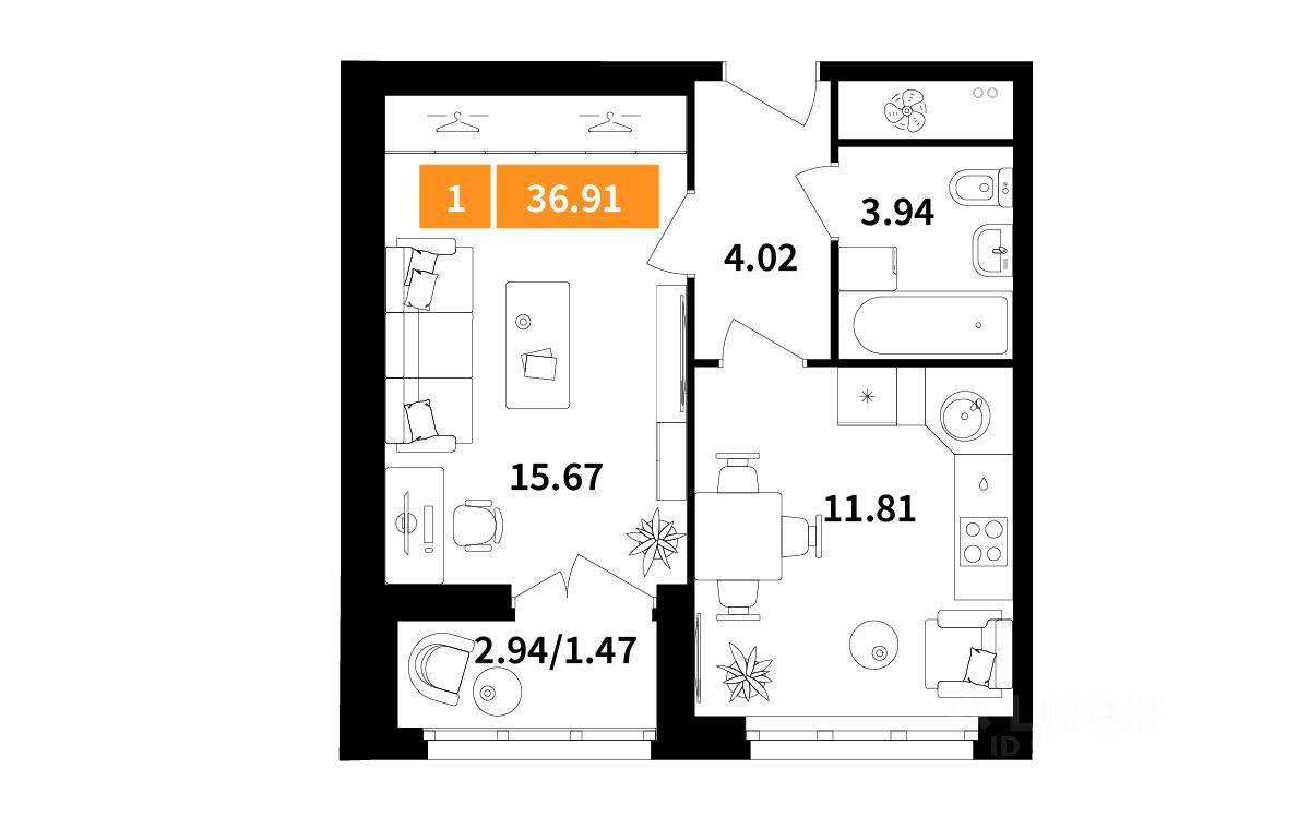 1-комн. квартира, 36,91 м², в ЖК Планерный квартал