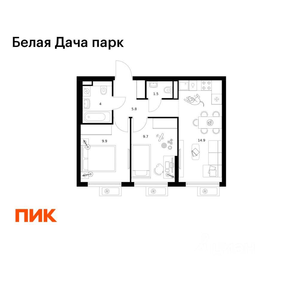 2-комн. квартира, 45,8 м², в ЖК «Белая Дача парк»
