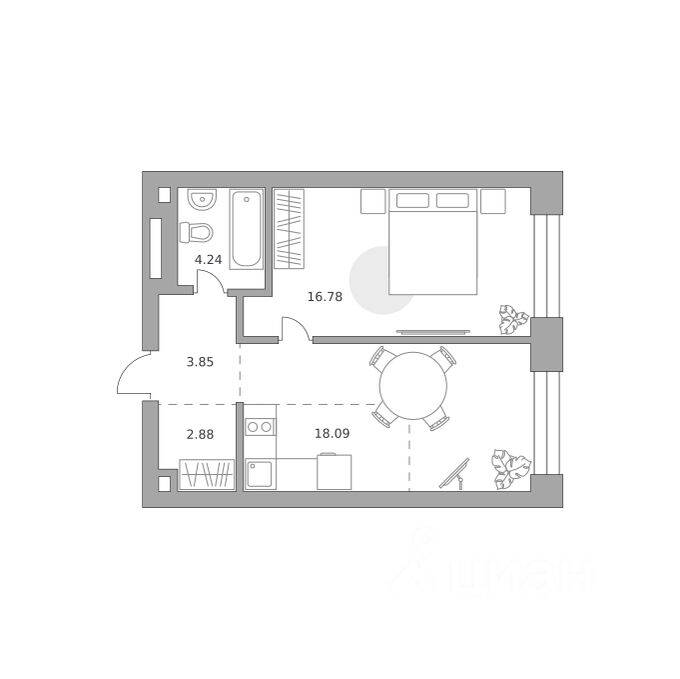 Планировка 1 комнатной квартиры, 45.84 м², в «Павелецкая от Гранель»