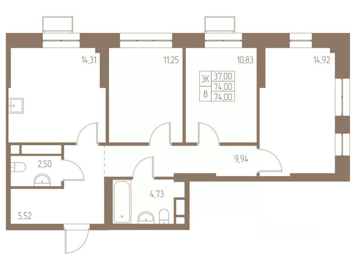 3-комн. квартира, 74 м², в ЖК Фабрикант