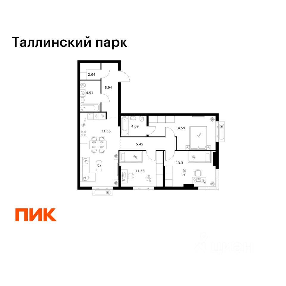 3-комн. квартира, 85,01 м², в ЖК Таллинский парк