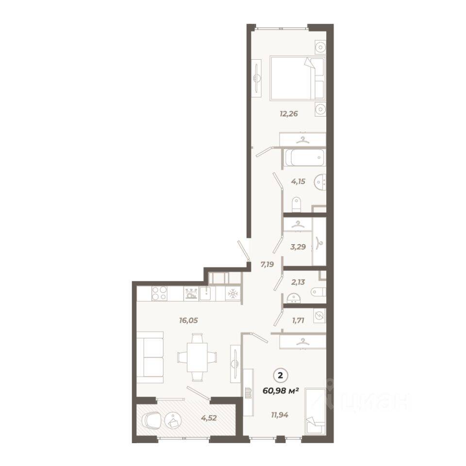 2-комн. квартира, 60,98 м², в ЖК «Знатный»