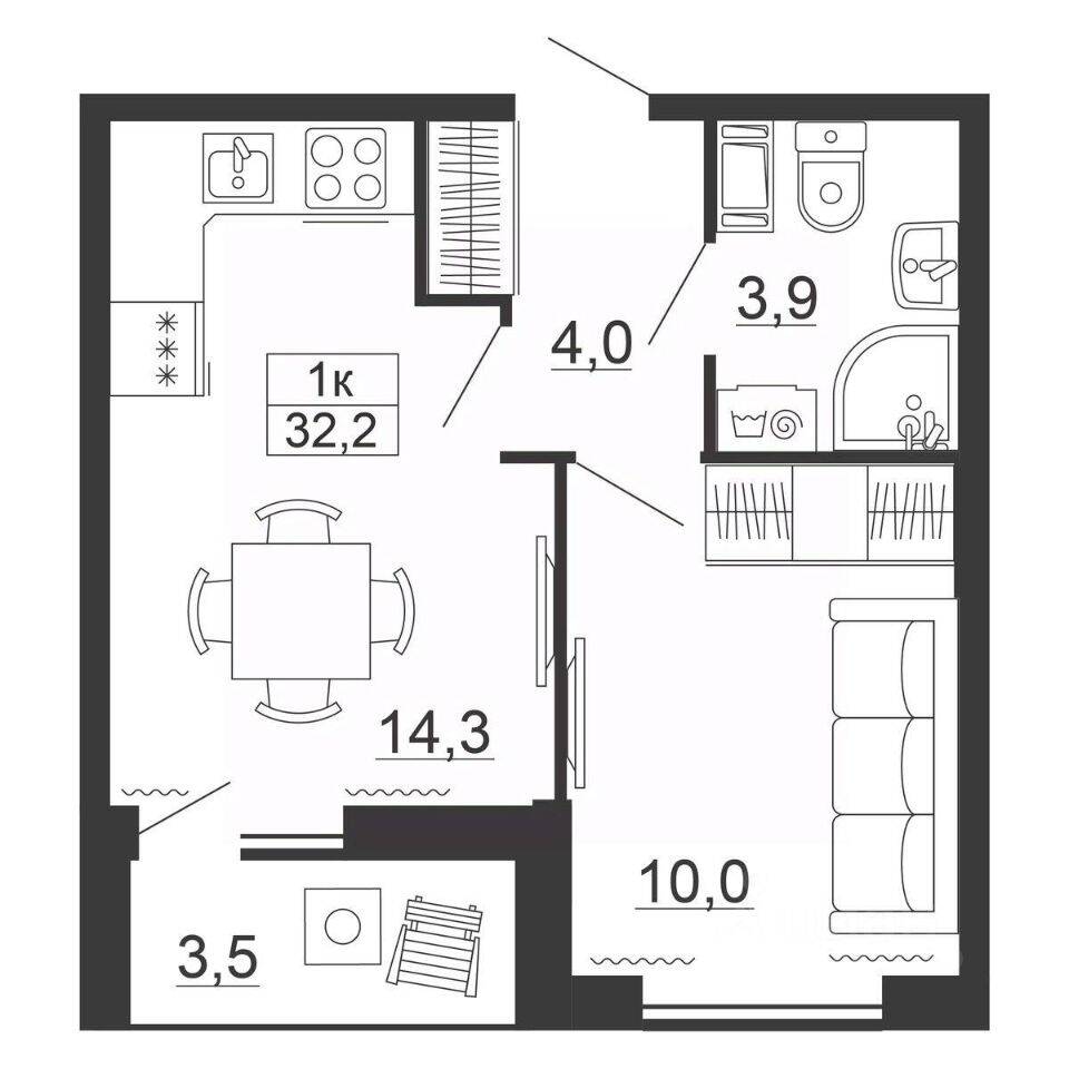 1-комн. квартира, 32,2 м², в ЖК Рубеж