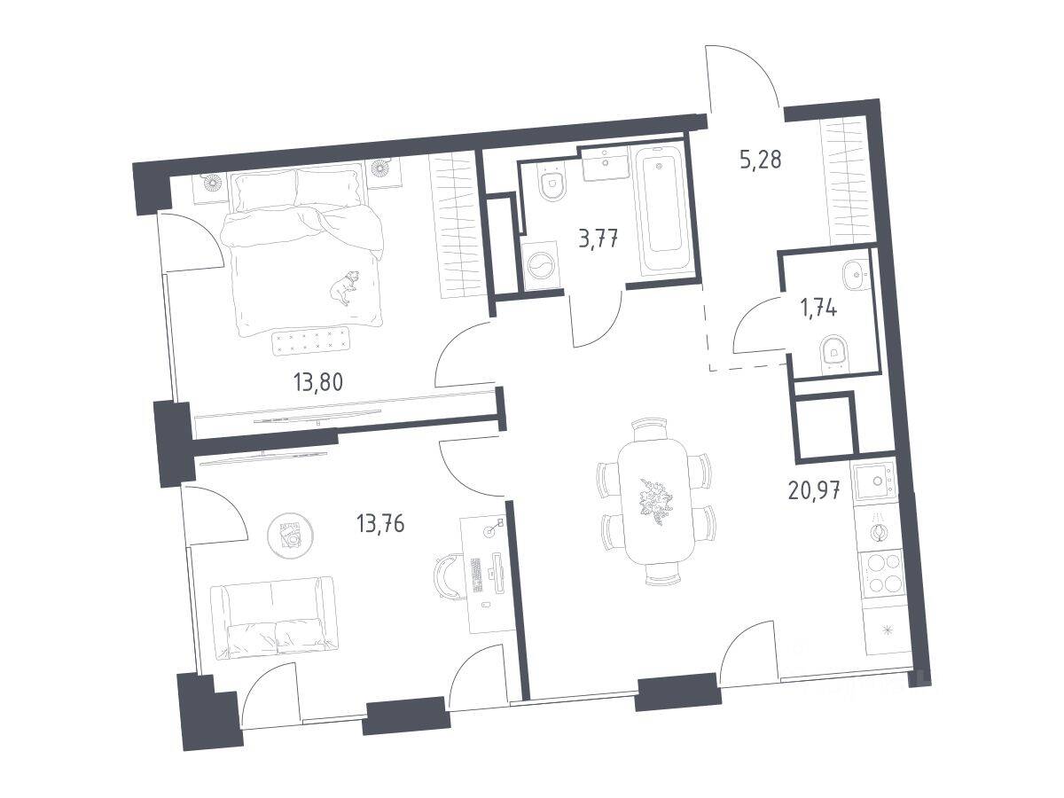 2-комн. квартира, 59,32 м², в ЖК Квартал на воде