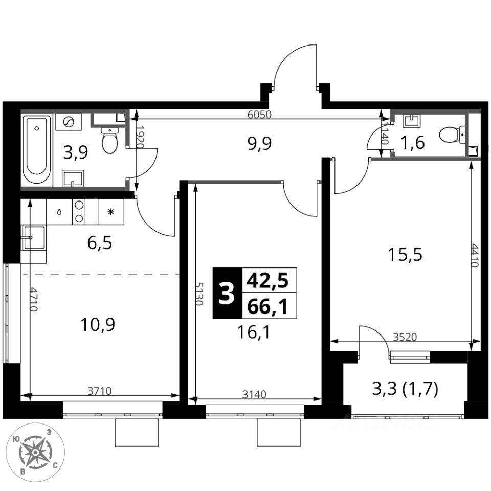 3-комн. квартира, 66,1 м², в ЖК 1-й Донской