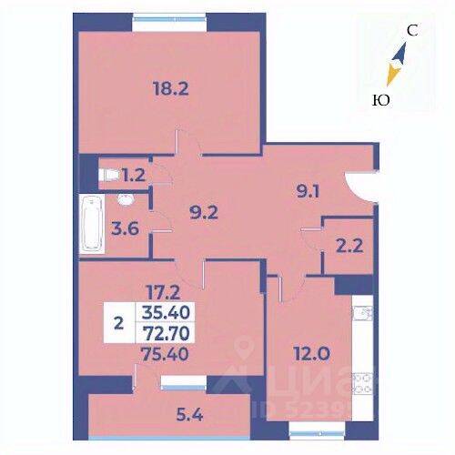 2-комн. квартира, 75,4 м², в ЖК «Эдельвейс» (ЦентрСтрой)