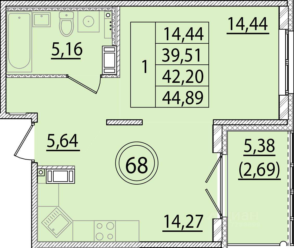 1-комн. квартира, 39,51 м², в Малоэтажный ЖК Образцовый квартал 15