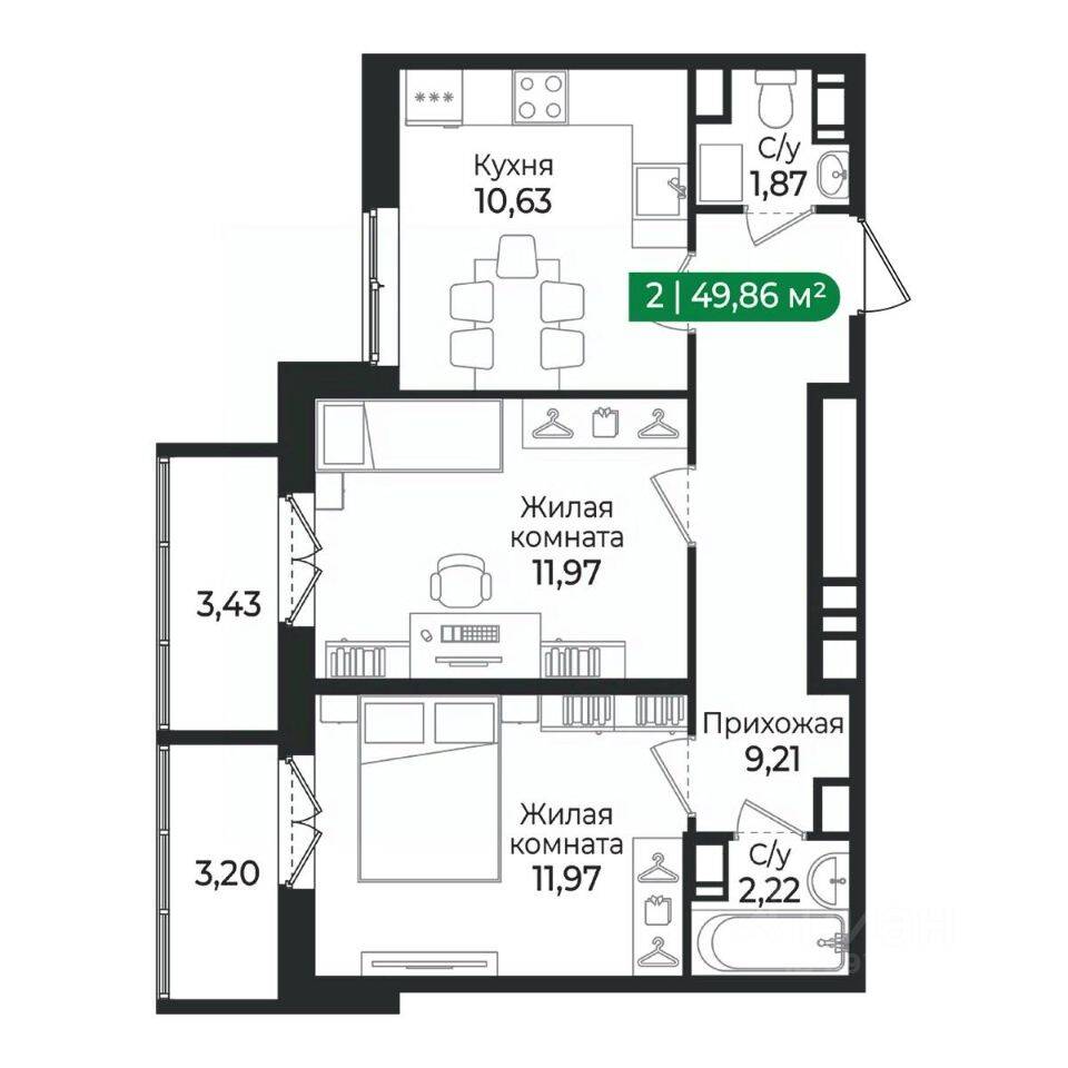 2-комн. квартира, 49,86 м², в ЖК Sertolovo Park