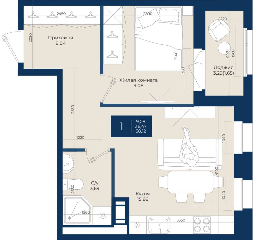 1-комн. квартира, 38,12 м², в ЖК «Новатория»