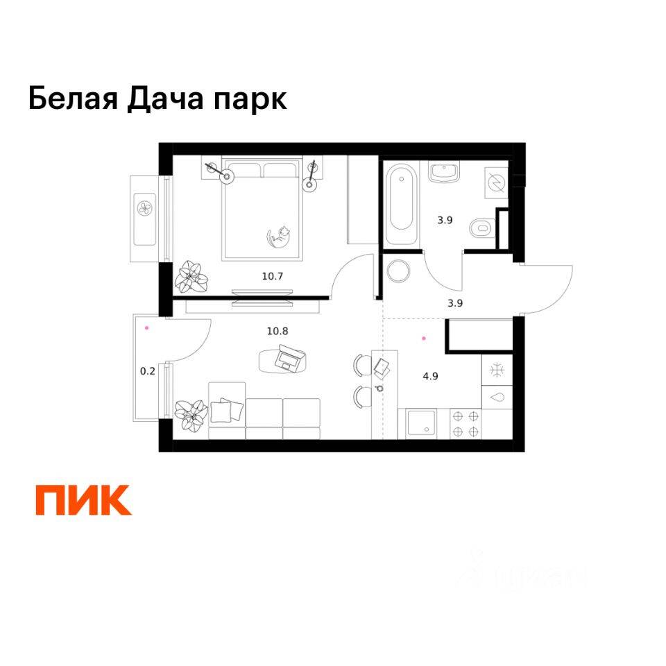 1-комн. квартира, 34,4 м², в ЖК «Белая Дача парк»