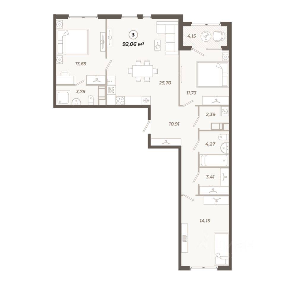3-комн. квартира, 92,07 м², в ЖК «Знатный»