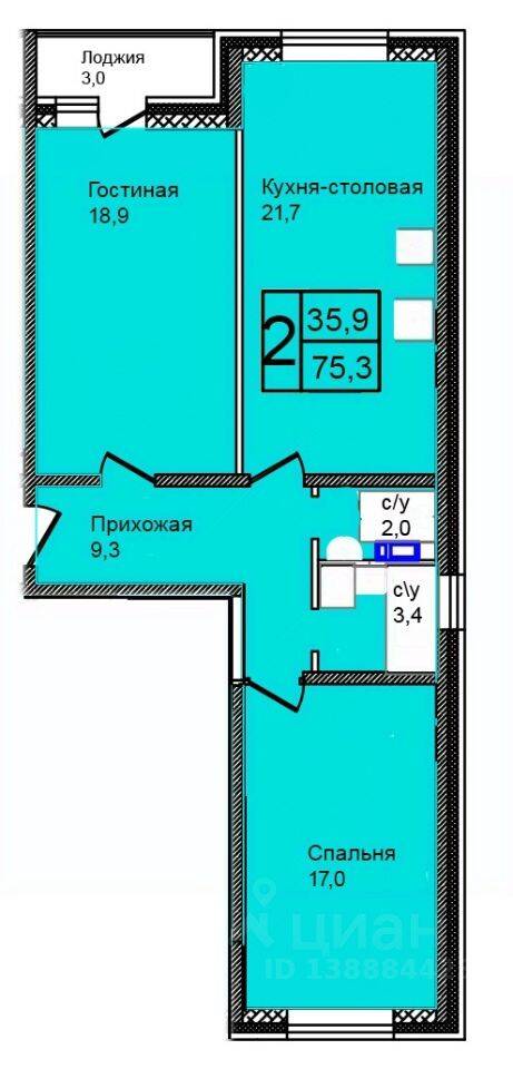 Планировка 3 комнатной квартиры, 75.3 м², в «Троицкий»