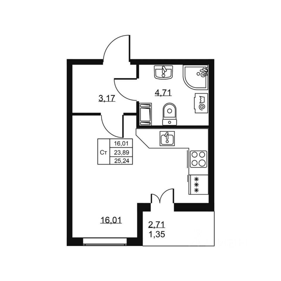 Квартира-студия, 25,24 м², в ЖК «Высота» (Бугры)
