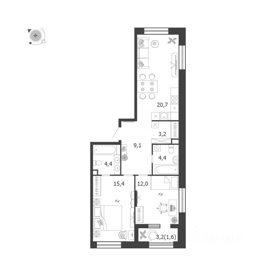 2-комн. квартира, 70,8 м², в ЖК Жилой квартал Shagal