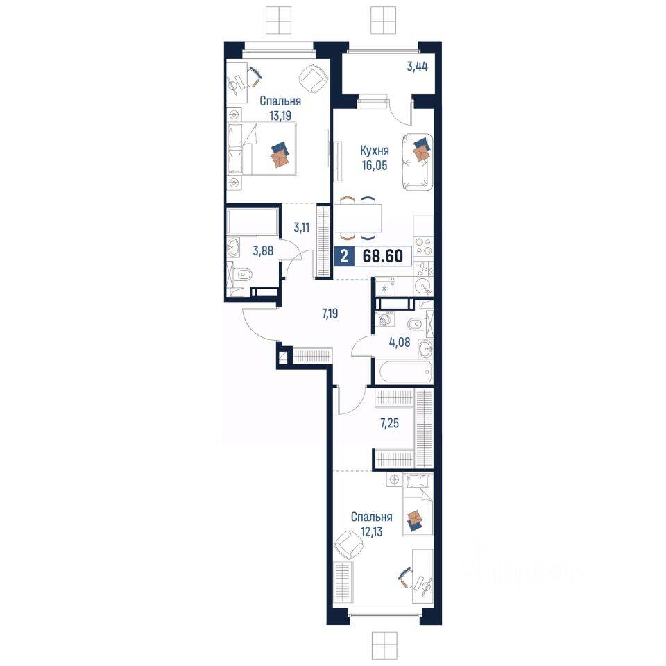2-комн. квартира, 68,6 м², в ЖК Максималист