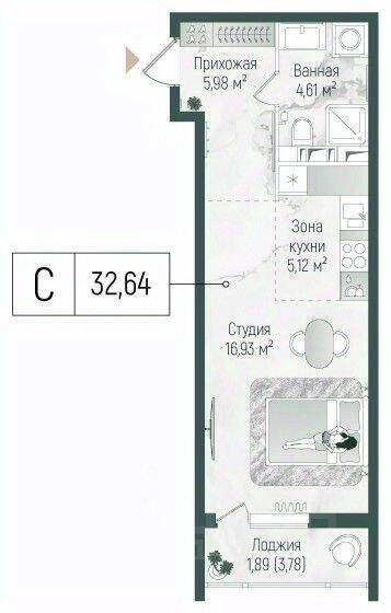 Планировка 1 комнатной квартиры, 34.53 м², в «Riga Hills»