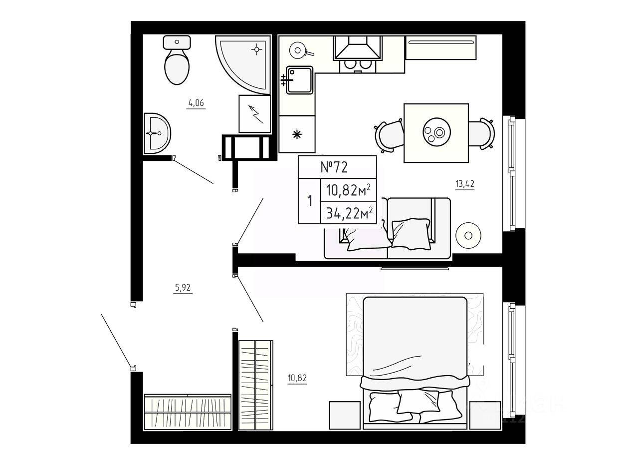1-комн. квартира, 34,22 м², в Малоэтажный ЖК Аннино Сити