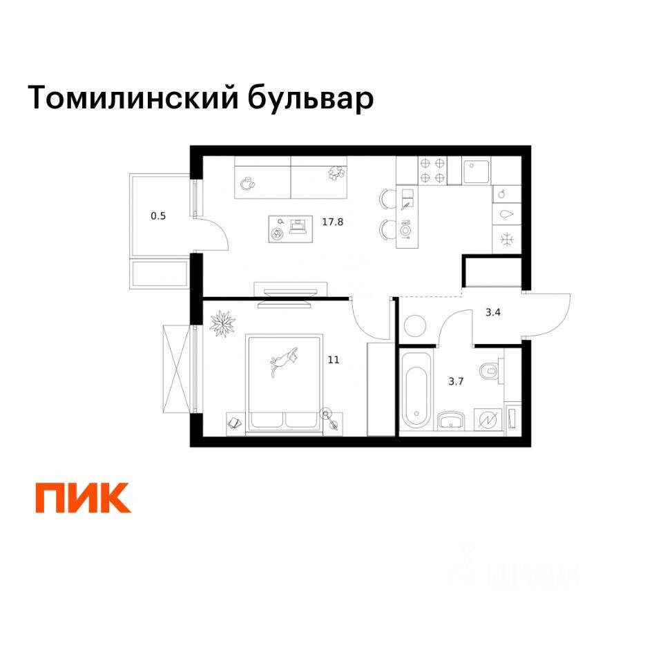 1-комн. квартира, 36,4 м², в ЖК Томилинский бульвар