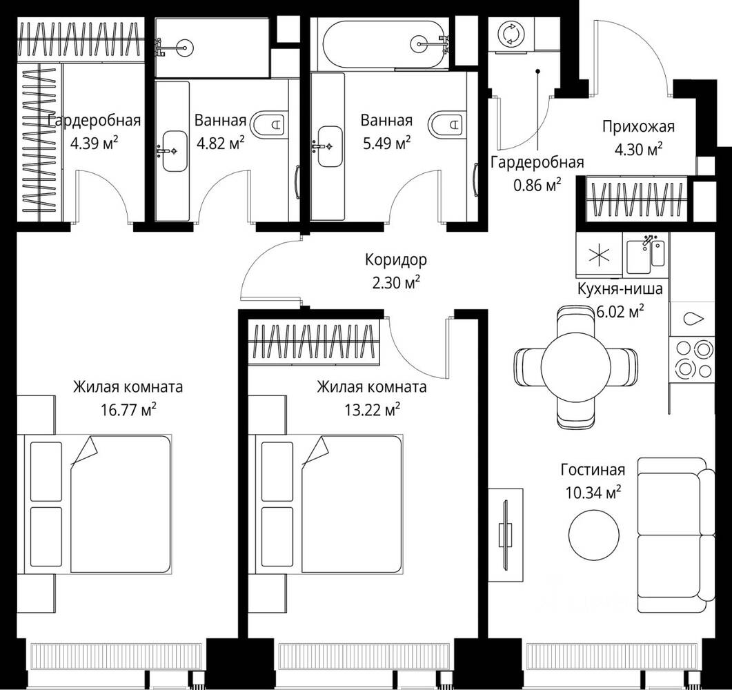 2-комн. квартира, 68,51 м², в ЖК Veer