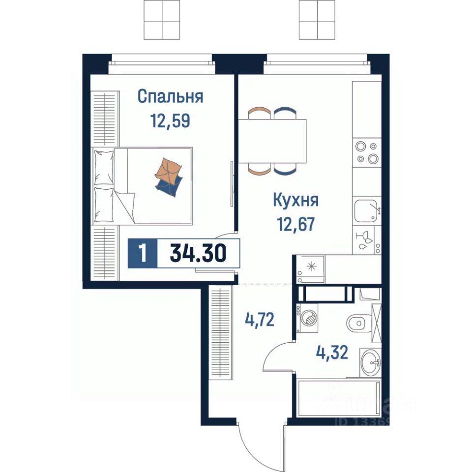 1-комн. квартира, 34,3 м², в ЖК Максималист