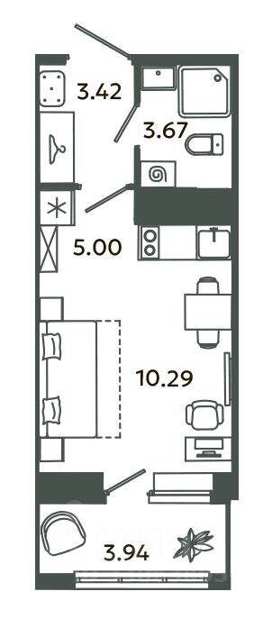 Квартира-студия, 22,38 м², в ЖК Загляденье