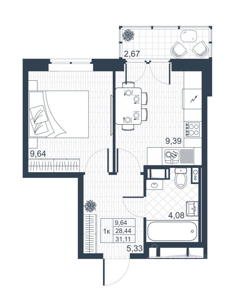 1-комн. квартира, 28,2 м², в ЖК «Ново-Антропшино»