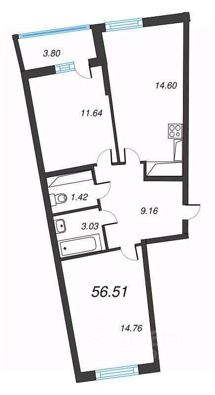 3-комн. квартира, 56,51 м², в ЖК Левитан