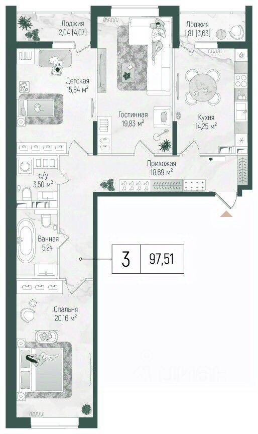 3-комн. квартира, 101,37 м², в ЖК Riga Hills
