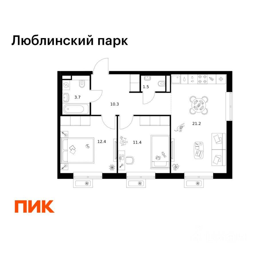 2-комн. квартира, 60,5 м², в ЖК «Люблинский парк»
