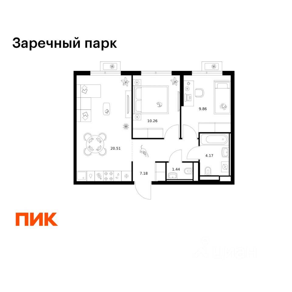 2-комн. квартира, 53,42 м², в ЖК Заречный парк