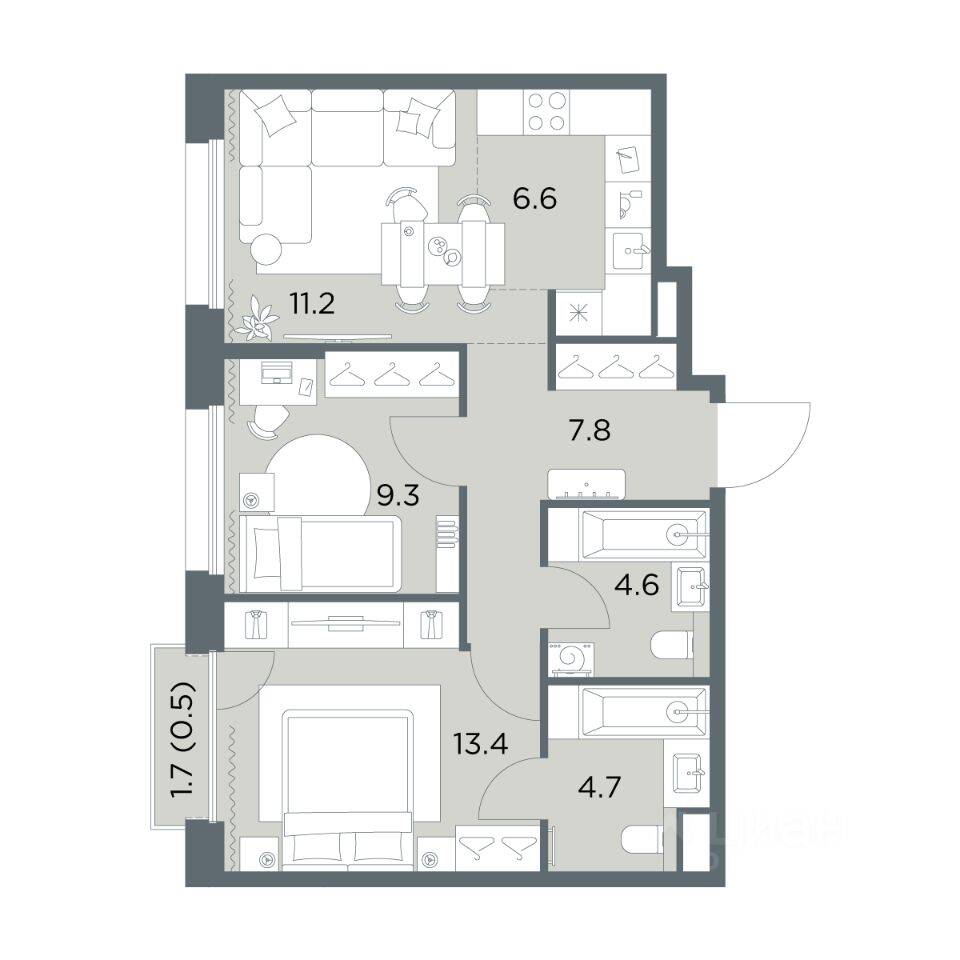 3-комн. квартира, 58,1 м², в ЖК «Станиславский»