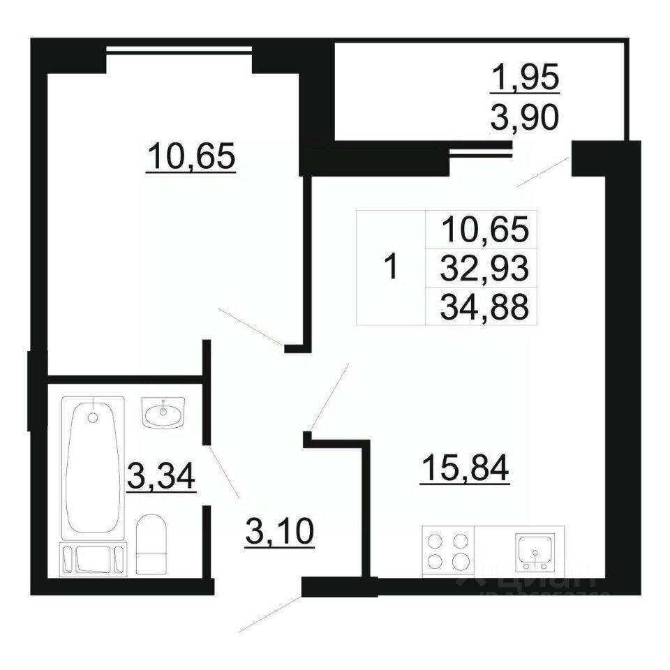 1-комн. квартира, 33,8 м², в ЖК Рубеж