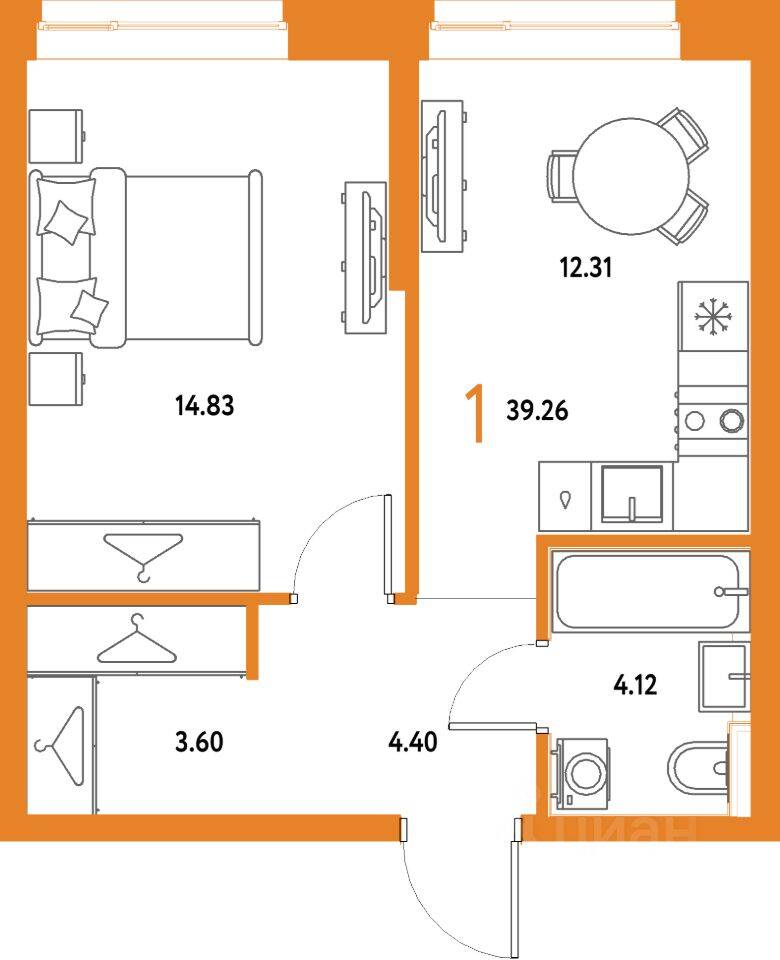 1-комн. квартира, 39,26 м², в ЖК Страна.Парковая