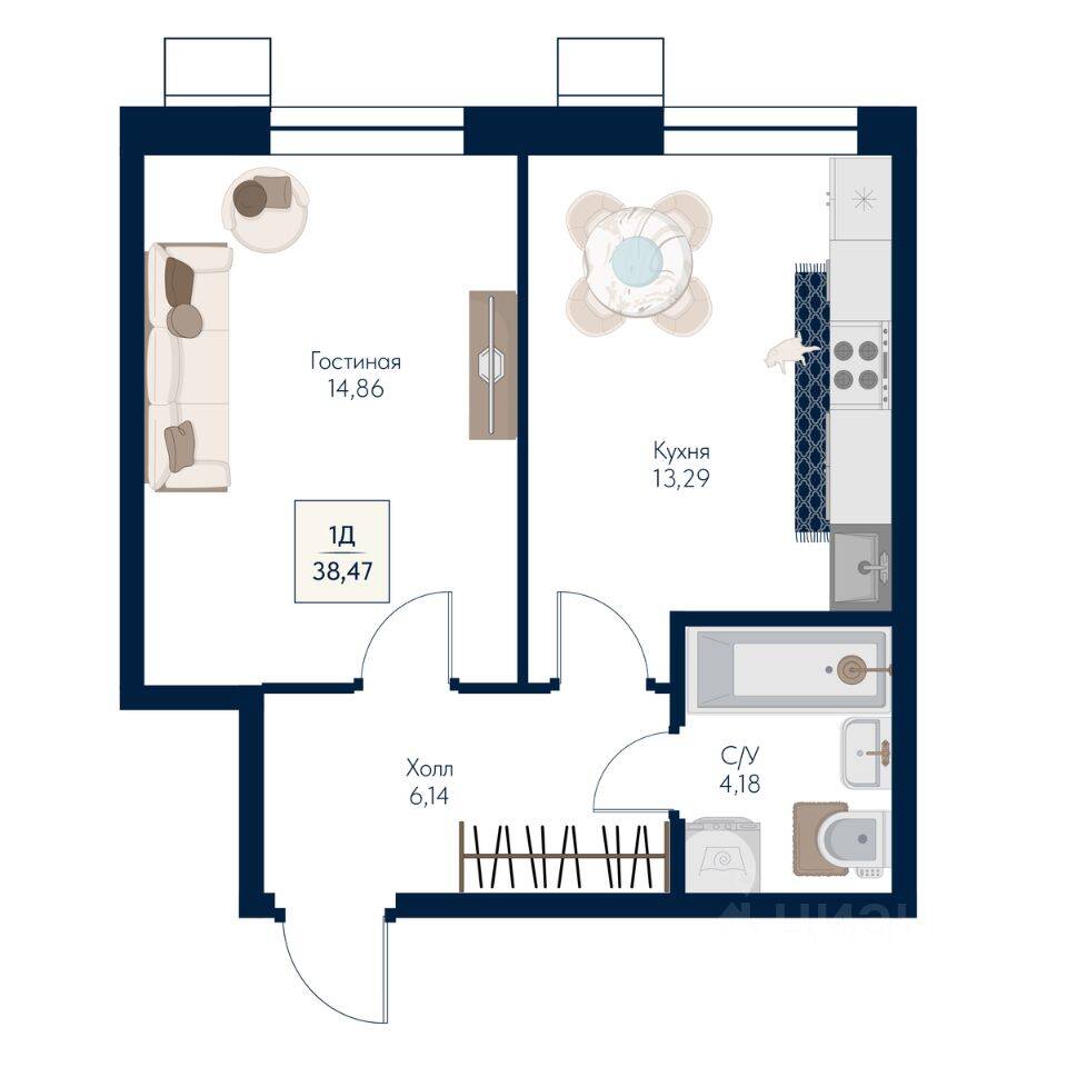 1-комн. квартира, 38,47 м², в ЖК Бархат