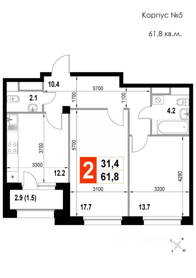 2-комн. квартира, 61,8 м², в ЖК Мытищи-Сити