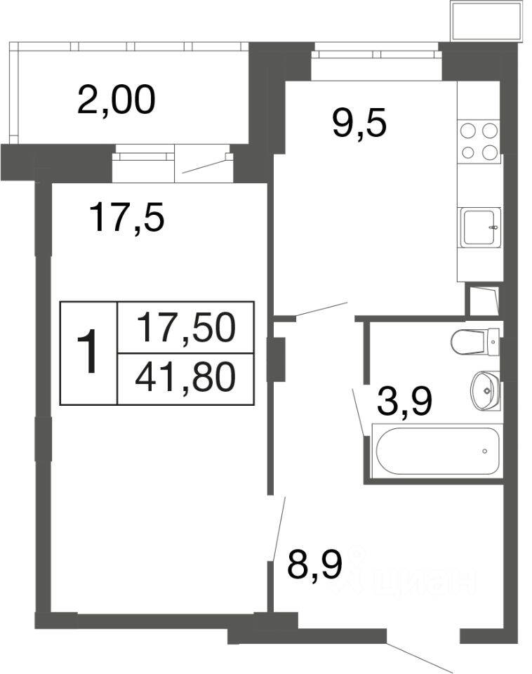 1-комн. квартира, 41,7 м², в ЖК «Времена года»