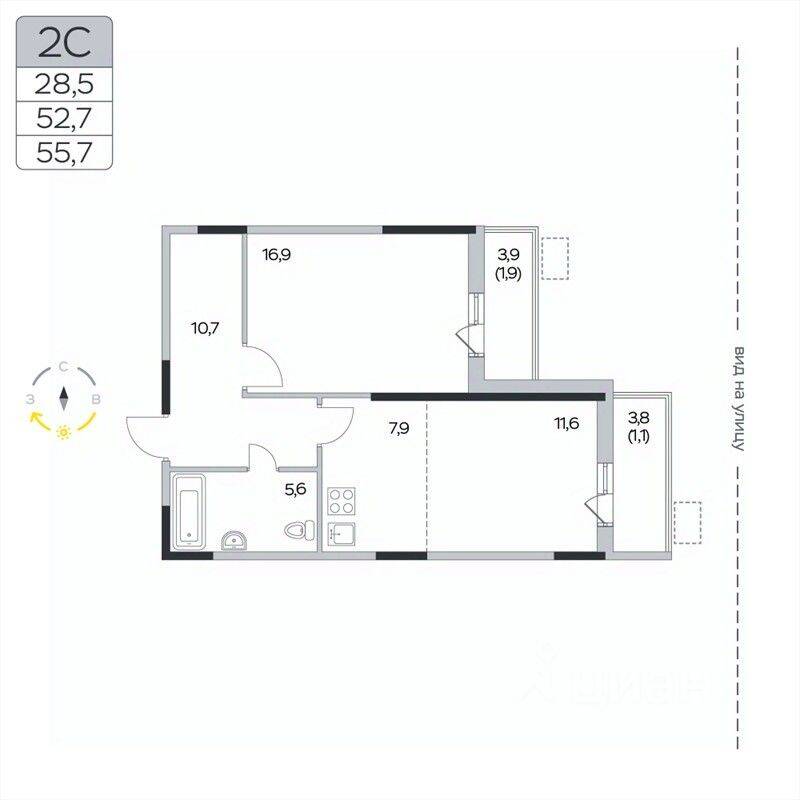 2-комн. квартира, 55,7 м², в ЖК «Пироговская Ривьера»