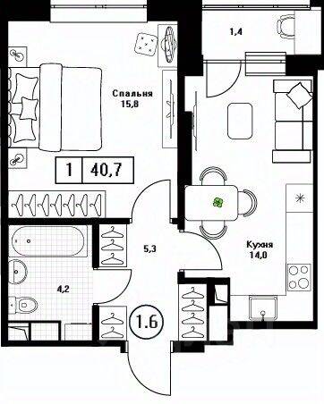 1-комн. квартира, 40,7 м², в ЖК Пушкино Град