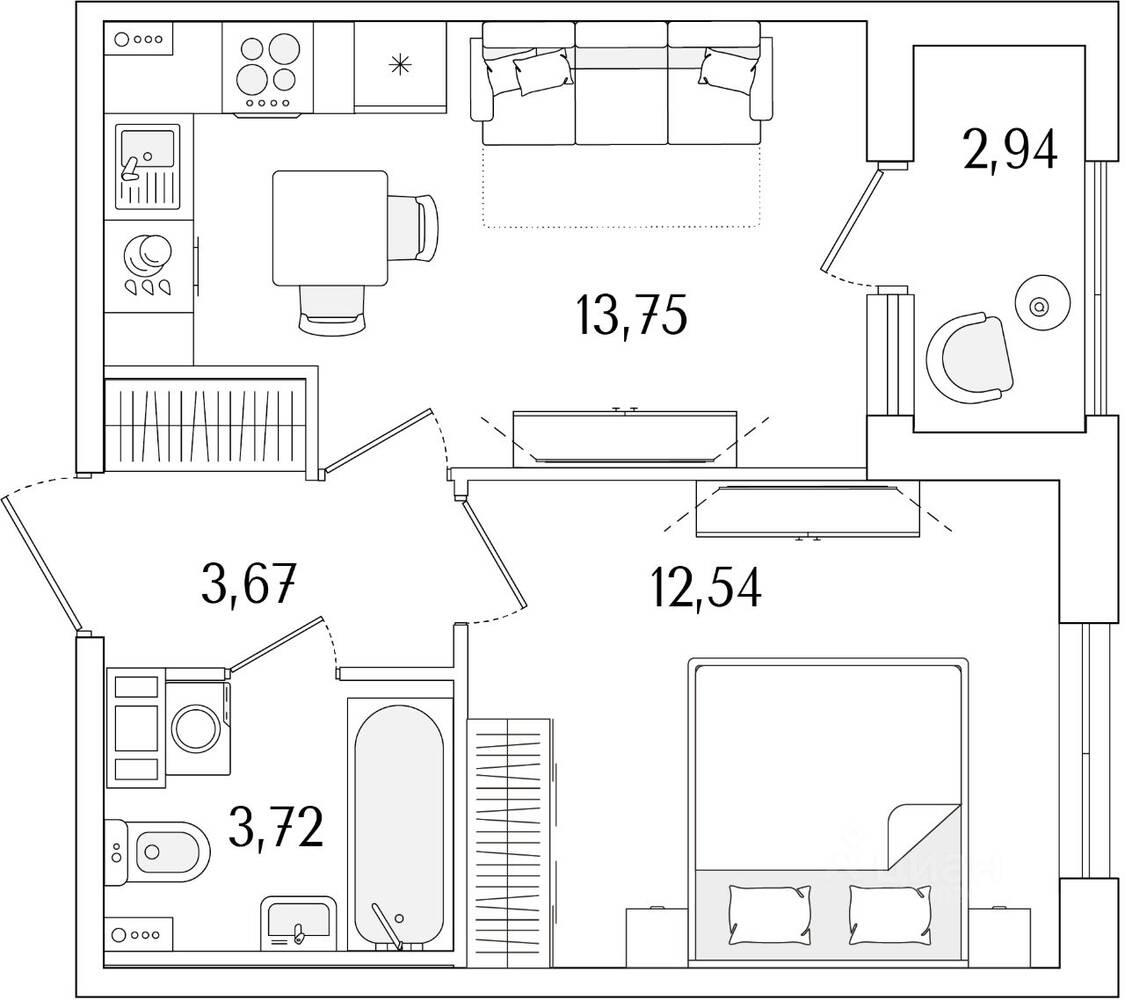 1-комн. квартира, 35,15 м², в ЖК «Гранат»