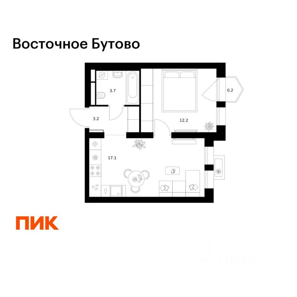 1-комн. квартира, 36,4 м², в ЖК «Восточное Бутово»