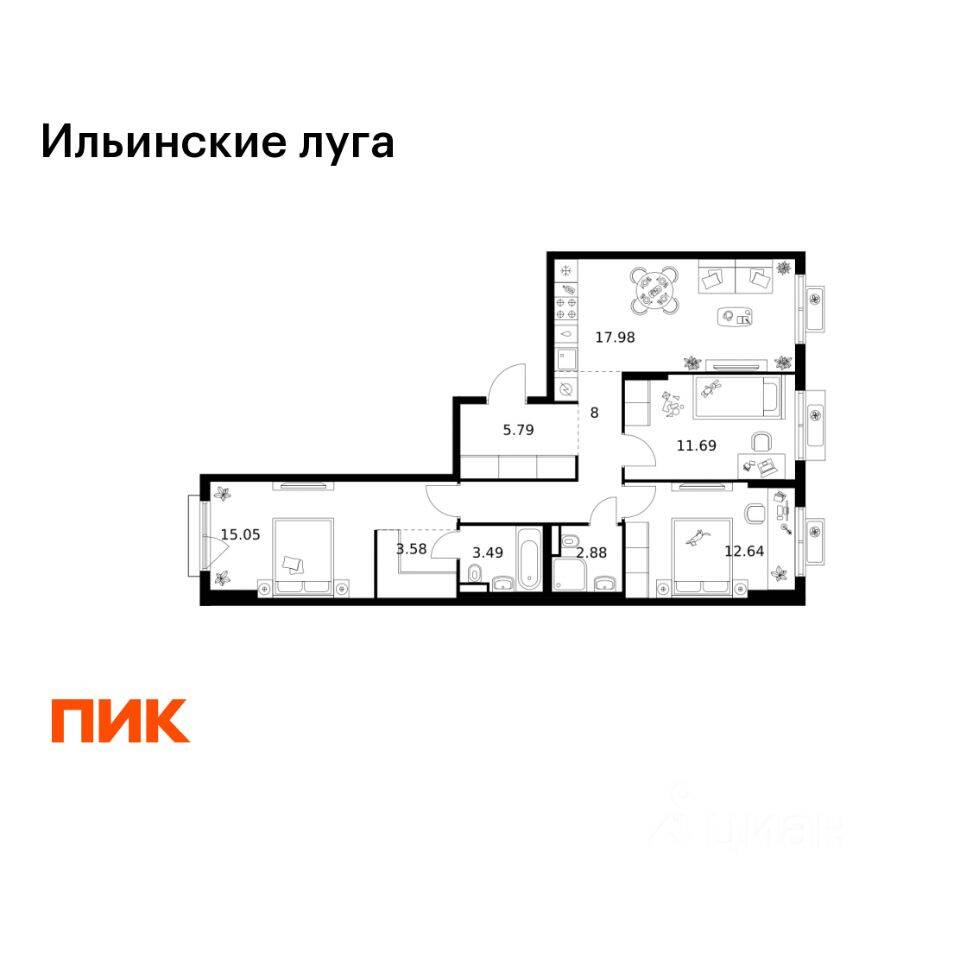 3-комн. квартира, 81,1 м², в ЖК «Ильинские луга»